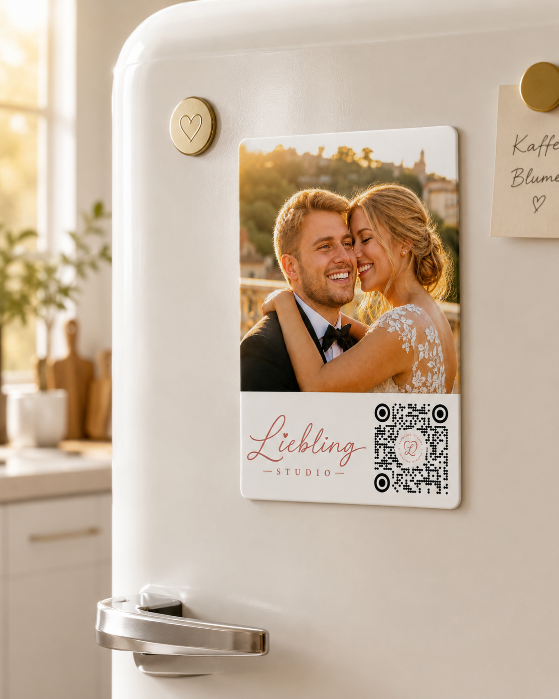 A custom photo magnet featuring a couple and the text 'Liebling STUDIO' with a QR code, attached to a white refrigerator in a bright kitchen setting.