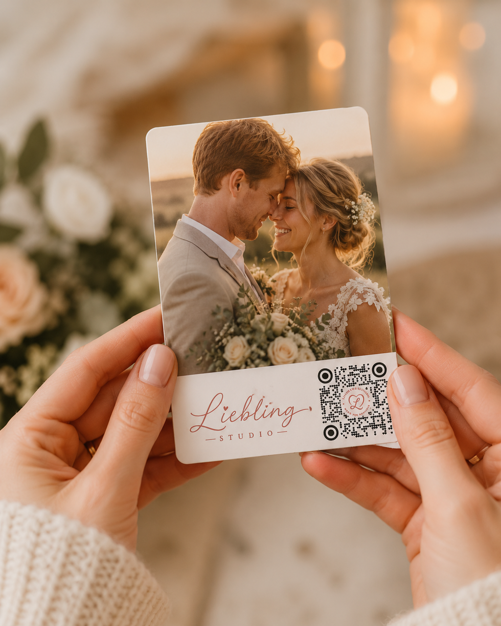 A person holds a custom printed wedding gift card featuring a photo of a bride and groom, with the text 'Liebling STUDIO' and a QR code on the white bottom border. The background is a softly blurred warm-toned indoor setting with flowers.